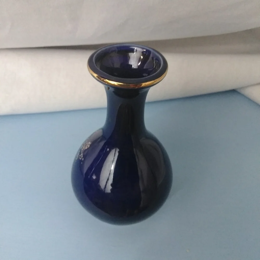 Kutani Japanese Blue Metallic Floral Mini Flower Collectable Plant Vase Decor